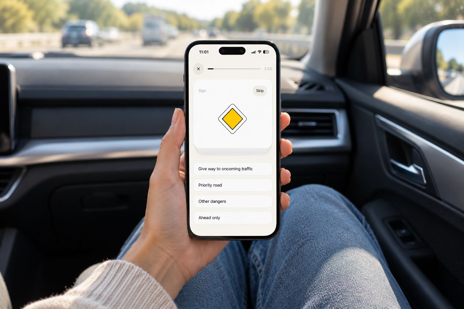 A phone in a car showing an Alle road sign question with four answers