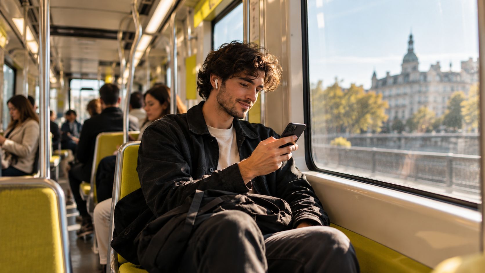 A young man smiling at his phone on a tram, with the city outside the window