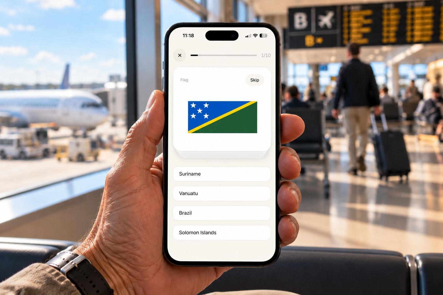 A phone at an airport gate showing an Alle flag question